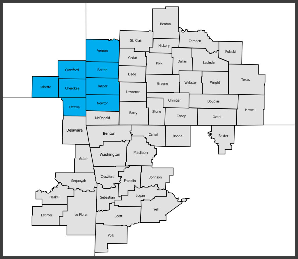 Map highlighting the counties in the Joplin Community